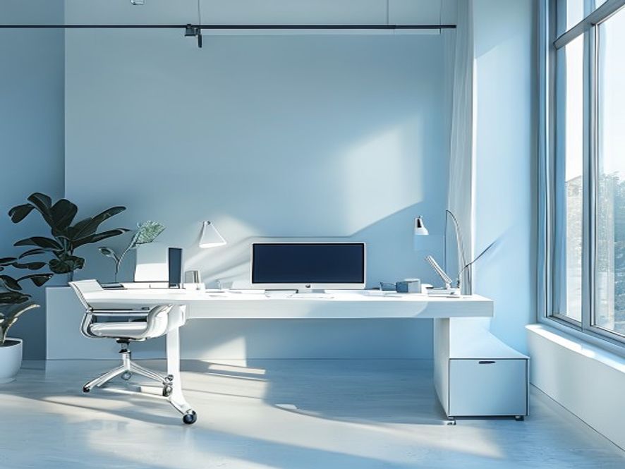 Goed ingerichte ergonomische werkplek met bureau, monitor en bureaustoel