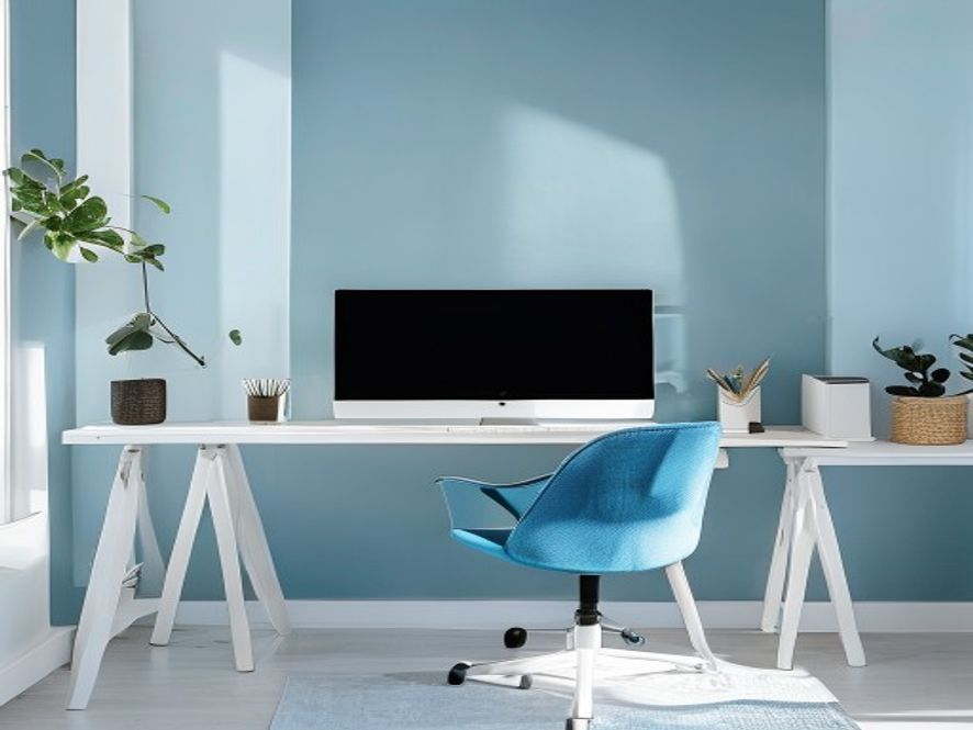 Minimalistische thuiswerkplek met staand bureau en grote monitor