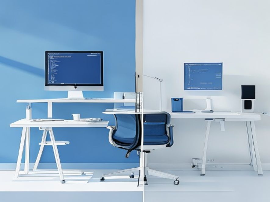 Close-up van ergonomische bureauopstelling met monitor op ooghoogte